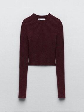 Zara Ribbed Crewneck Cropped Sweater - Wine
